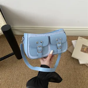 Borsa a tracolla azzurra da donna, elegante borsa quadrata in pelle PU casual da viaggio.