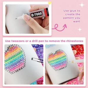 Detailed view of DIY resin flatback rhinestones crafting process, showing glue and tool usage.