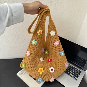Sac Cabas en Paille à Fleurs Tissé à la Main pour Femmes Sac à Épaule en Tricot Ajouré au Crochet Grande Capacité Décontracté Plage Vacances