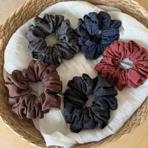 Vintage Polka Dot Washed Brushed Fabric Hair Scrunchie Soft Elastic Ponytail Holder Hair Tie For Women Daily Accessories