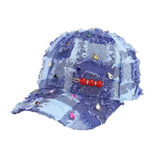 Dames denim baseballpet patchwork met strassteentjes en gerafelde rand mode hoed chic