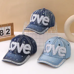 Berretto da baseball in jeans con perle LOVE e strass per protezione solare donna