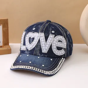 Berretto da baseball in denim da donna con lettere LOVE in strass di perle e visiera
