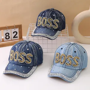 Berretto da baseball in denim con strass da donna, cappellino regolabile con perle.