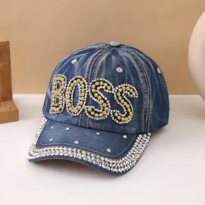 Berretto da baseball in denim con strass da donna, visiera curva cappello estivo.