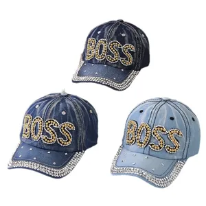 Cappellino da baseball in denim con strass da donna, cappello da sole con lettere