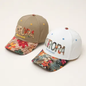 Women floral brim baseball cap with embroidered letters casual stylish fashion cotton sun hat