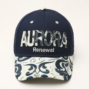 Navy blue embroidered baseball cap detail showing AURORA lettering and patterned brim.