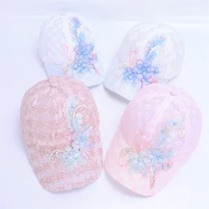 Women Summer Breathable Lace Mesh Baseball Cap Floral Embroidery Pearl Rhinestone Sun Protection Casual Hat