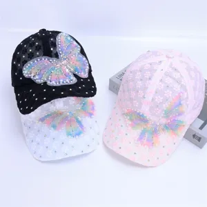 Women breathable lace baseball cap with shiny butterfly applique, mesh sun protection hat.