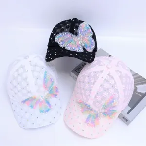 Women lace mesh baseball cap breathable floral sun hat with rhinestone butterfly bow decoration
