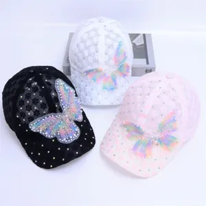 Women lace baseball cap breathable mesh rhinestones colorful butterfly sun hat casual snapback