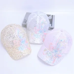 Women sequin lace baseball cap breathable mesh floral embroidery sun protection hat