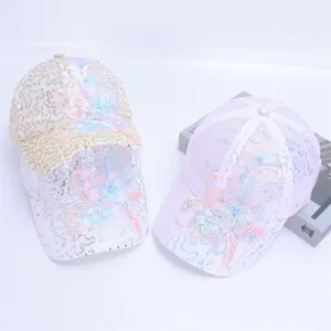 Women lace mesh baseball cap with sequins and floral embroidery, breathable sun hat.