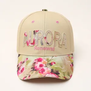 Women casual beige baseball cap with floral brim and embroidered front letters for daily wear.