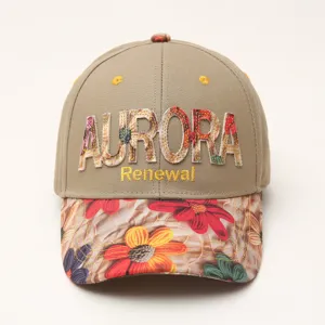 Close-up detail of stylish floral brim and embroidered letter logo on the casual cap.