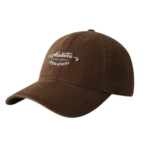 Brown pure cotton dad hat with white embroidery letters, casual unisex baseball cap.