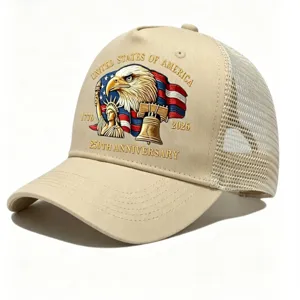 Embroidered American 250th anniversary trucker hat detail, breathable mesh baseball cap.