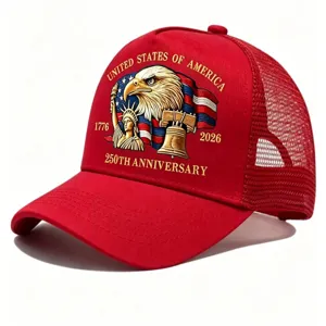 US 250th Anniversary eagle trucker hat in red, detailed embroidery detail for fans.