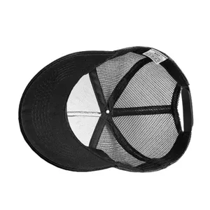 Black mesh trucker baseball cap interior view, 100% cotton, adjustable snapback.