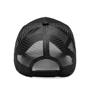 Black mesh trucker hat rear view showing breathable fabric and adjustable snapback closure.