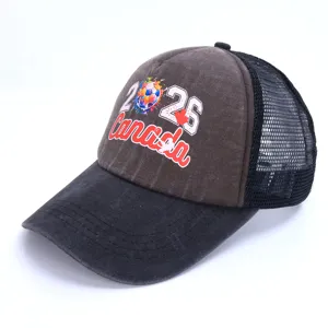 2026 Canada World Cup baseball cap with mesh back, distressed washed cotton outdoor sun hat.