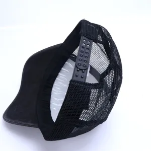 Detail view of black mesh baseball cap, breathable trucker hat with adjustable plastic snapback.