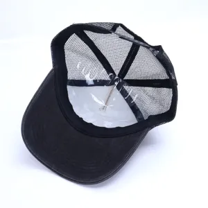 Classic black mesh trucker hat with adjustable snapback strap, breathable design for outdoor.