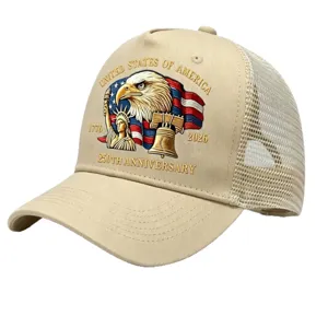 2026 USA 250th Anniversary baseball cap, beige mesh trucker hat with eagle and liberty print.