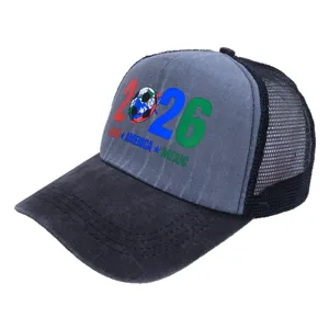2026 World Cup baseball cap, washed grey front mesh trucker hat, breathable outdoor sports hat.