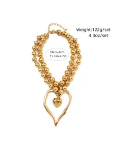 Double layer gold beaded necklace with large irregular heart pendant for women fashion jewelry