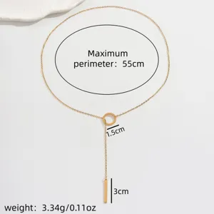 Detail view of gold stainless steel lariat necklace featuring circle and bar pendants.