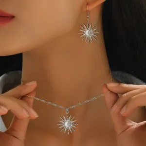 Fashion alloy diamond sun pendant necklace and earrings set for women, elegant daily jewelry.