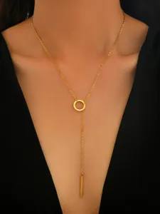 Minimalist stainless steel Y necklace featuring a dainty circle and vertical bar pendant.