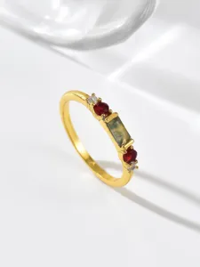 Vintage gold ring with rectangular natural stone and red diamonds for women fashion jewelry