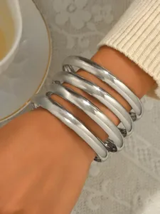 Bracelets empilés en métal argenté épais, bijoux de poignet ronds minimalistes géométriques