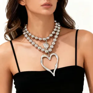 Silver layered ball chain necklace with dual heart pendants for women fashion jewelry