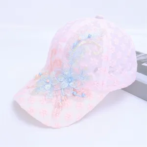 Pink lace baseball cap detail shot, breathable mesh design with exquisite floral embroidery and pearls.