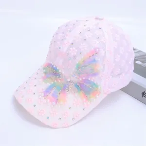 Pink lace baseball cap for women with breathable mesh, cute pearl rhinestone butterfly bow.
