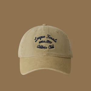 Classic khaki baseball hat with stylish dark blue front embroidery. Perfect for casual wear.