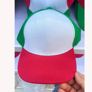 Color-blocking flat brim baseball cap detail, vibrant red white and green hip-hop blank hat.