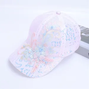Pink lace baseball cap with floral embroidery and sequins, breathable mesh summer sun hat.