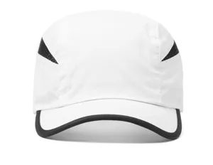 White quick-dry sports cap detail view, featuring black mesh panels and curved brim for summer.