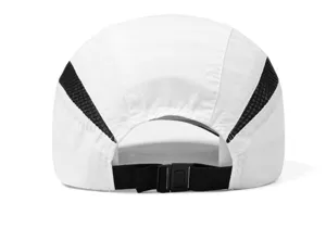 White quick-dry sports cap with black mesh panels and adjustable strap for outdoor summer use.