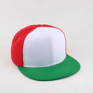 Detailed view of the colorful flat brim hip hop baseball cap with multi panel design.
