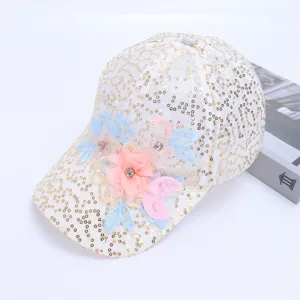 Sequin baseball cap with floral embroidery detail, white mesh breathable summer sun hat for women.