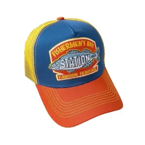 Unisex colorblock trucker hat with mesh back, breathable casual baseball cap for outdoor wear.