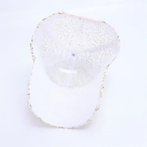 Close-up of the breathable mesh baseball cap interior structure featuring lace and sequin details.