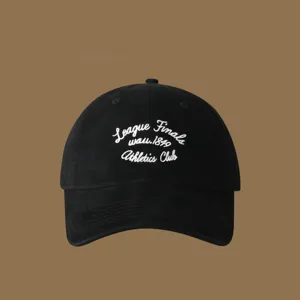 Classic black baseball cap with white embroidered text, stylish and versatile accessory for daily wear.