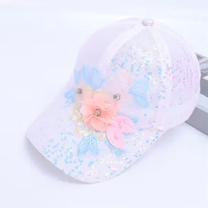 Pink lace sequin baseball cap detail, breathable mesh floral embroidery sun hat for women.